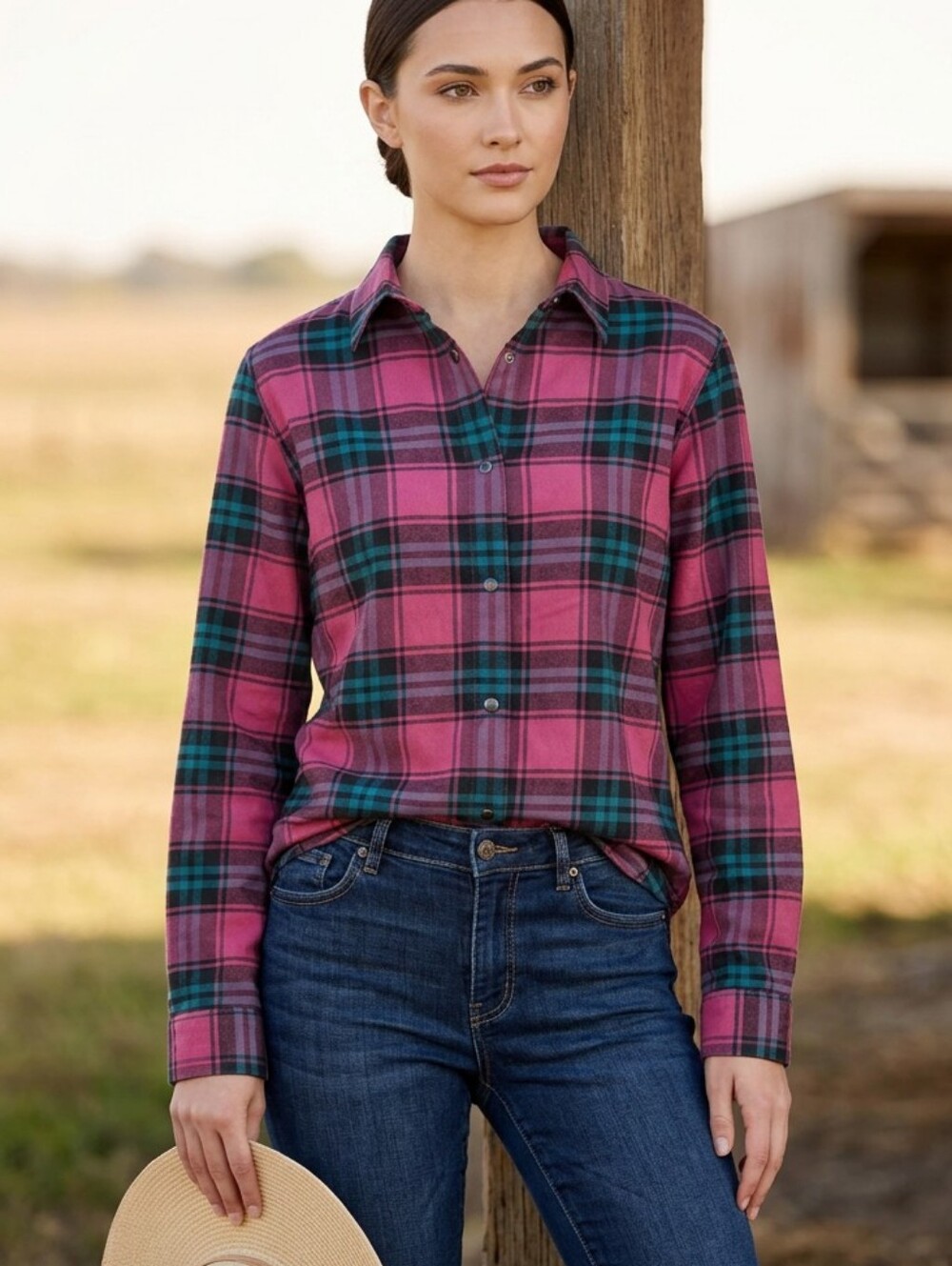 FLYLOW Women’s Pink Plaid Button-Down Shirt Adjustable Back Snaps